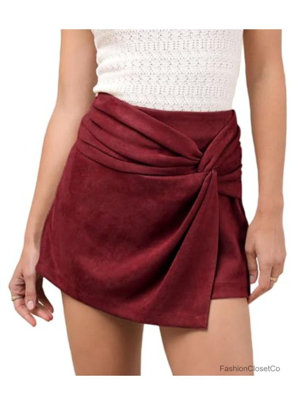 Faux Suede Mini Skort Wrap A-Line Ruched Front Knot Short Skirt